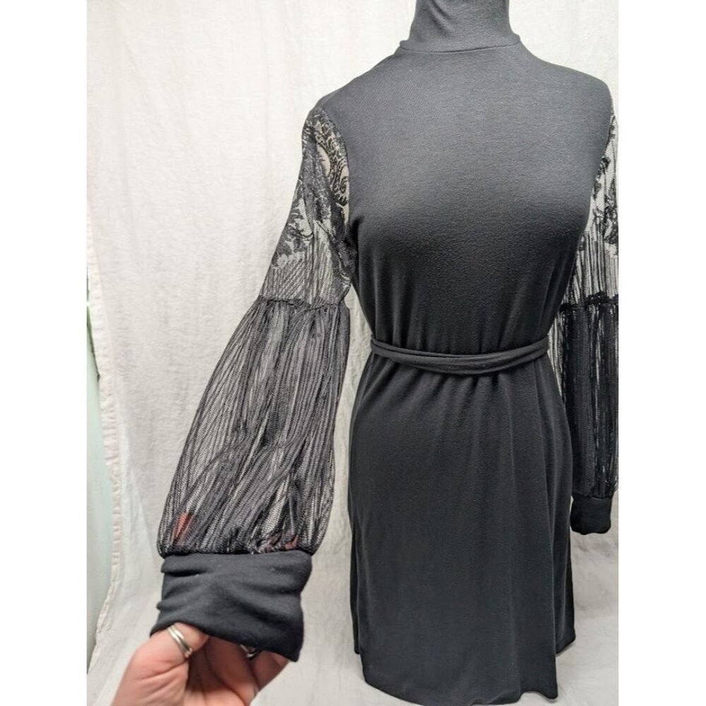 women's size large black mini dress long lace sleeves turtle neck winter goth I2 - Picture 3 of 9
